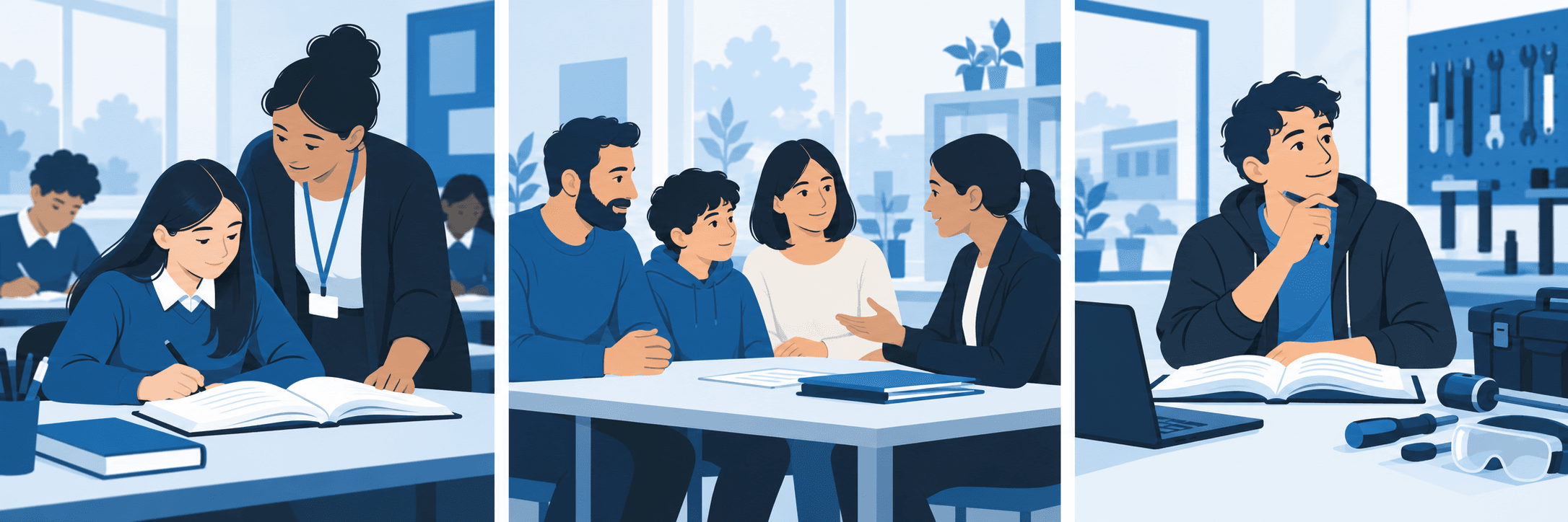 Editorial illustration of a pupil studying, a family discussing support, and a young adult considering study and practical training.