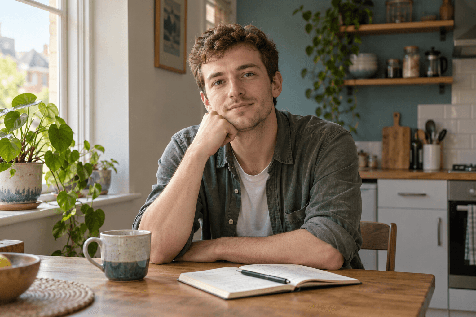 Illustrative portrait of Alex at his kitchen table
