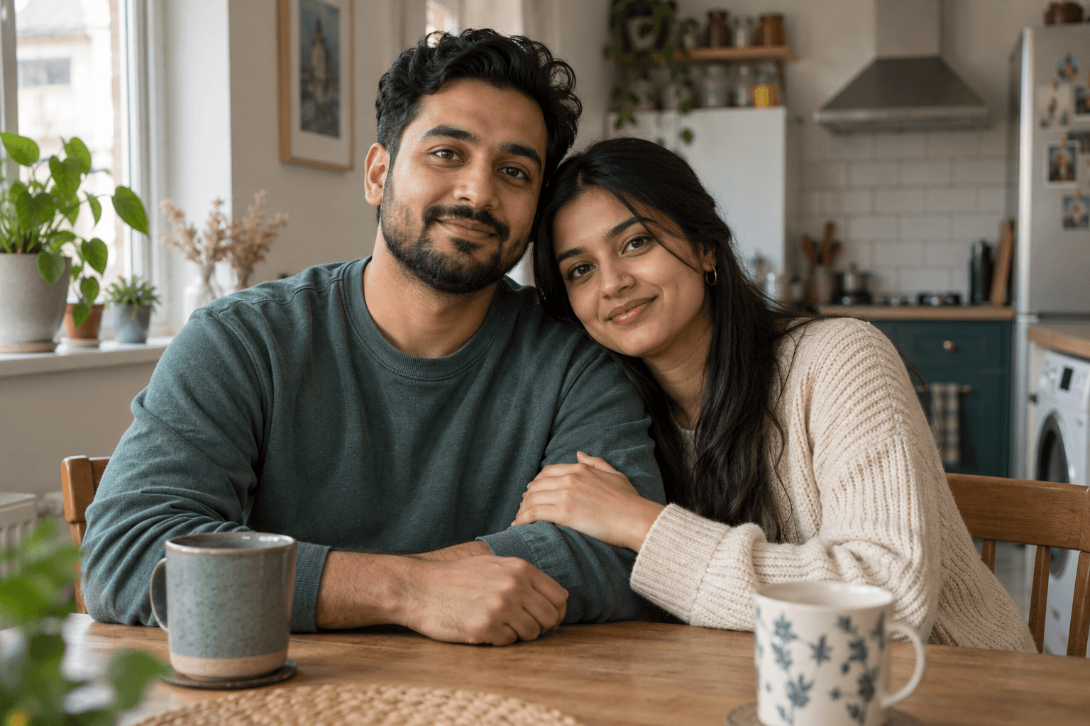 Illustrative portrait of Amir, an Asian man, and his Pakistani girlfriend Sana