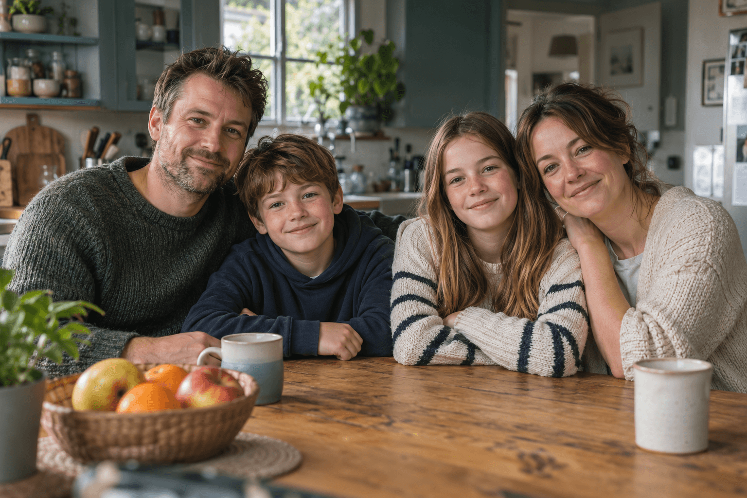 Illustrative portrait of Dan, Tracey and their two children