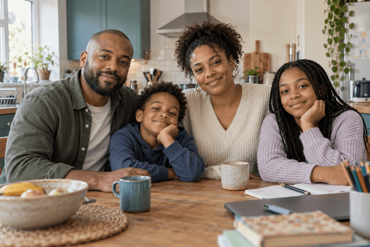 Illustrative portrait of Marcus and Helen, a Black family, with their two children