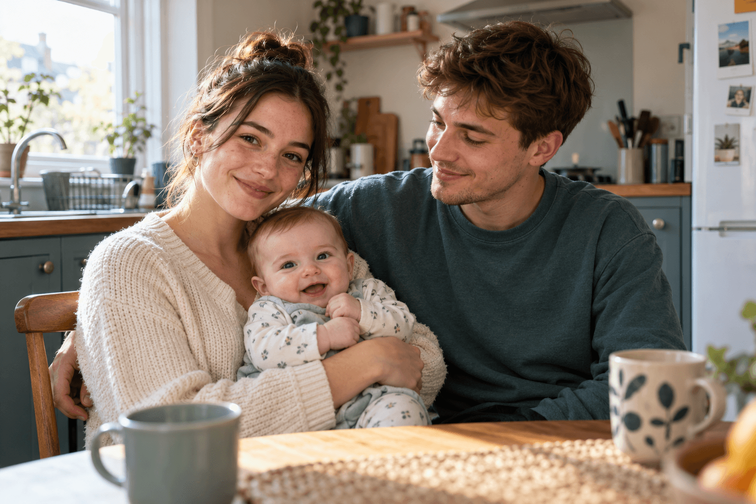 Illustrative portrait of Olivia aged 22 and Ben aged 23 with their six-month-old baby
