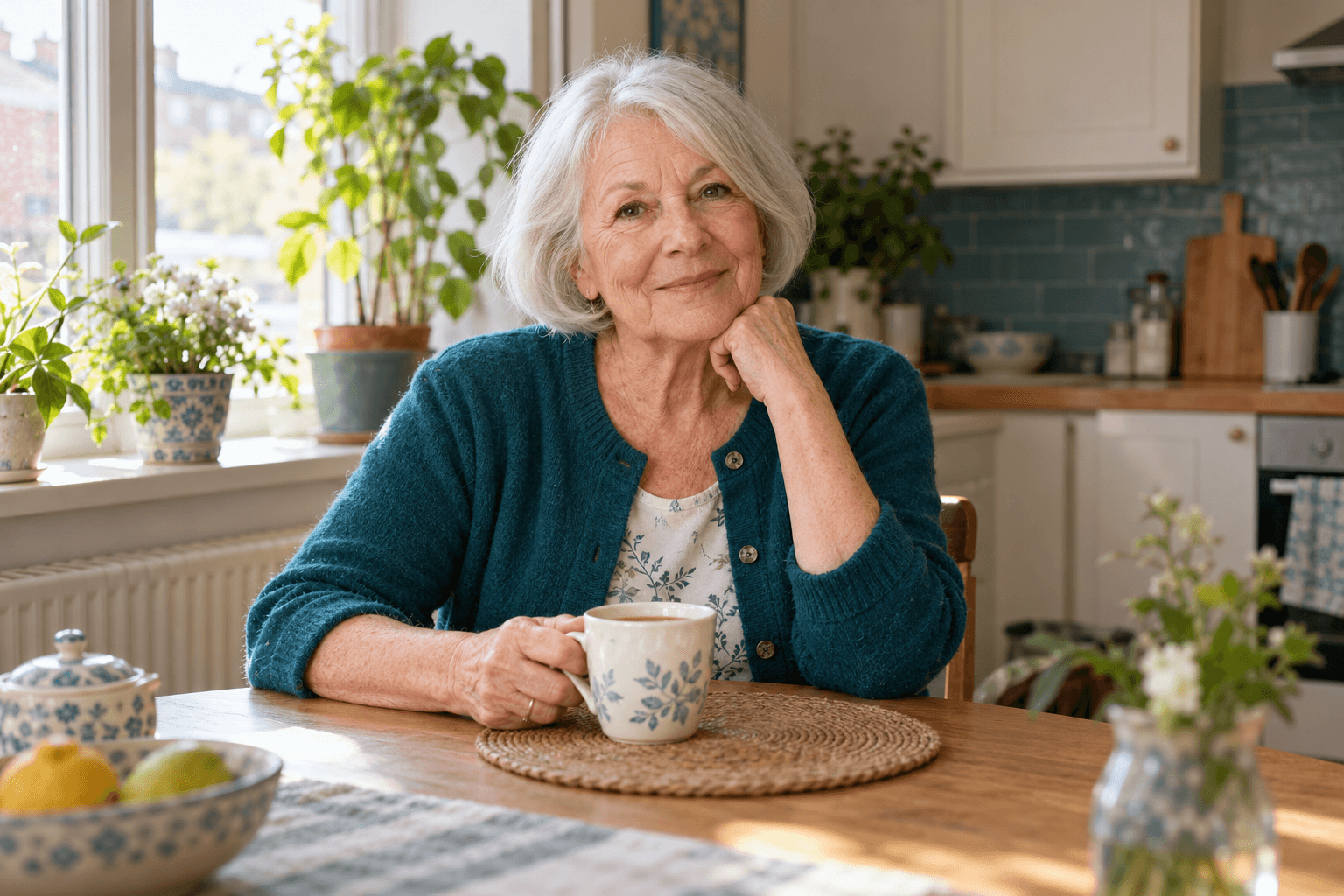 Illustrative portrait of Zoe, aged 75, at home