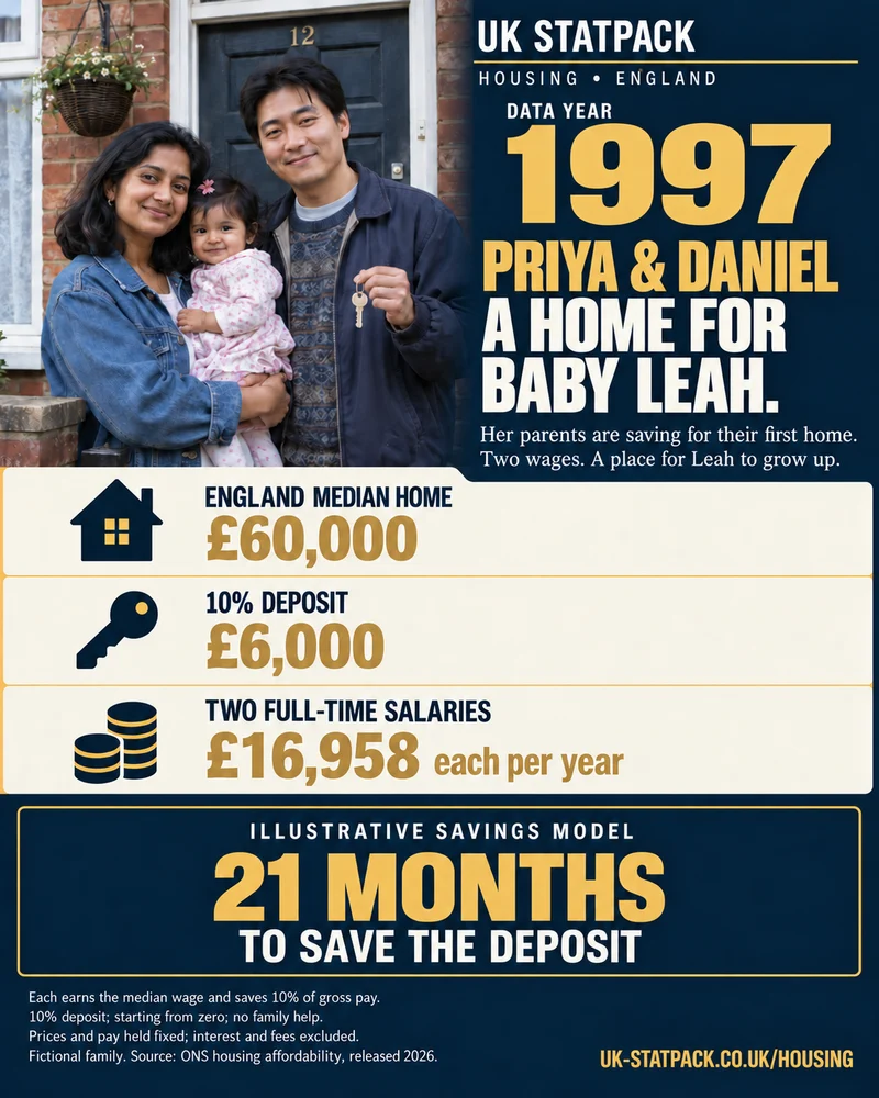Priya and Daniel with baby Leah outside a home in 1997. The two-earner savings model reaches a 10% deposit in 21 months.