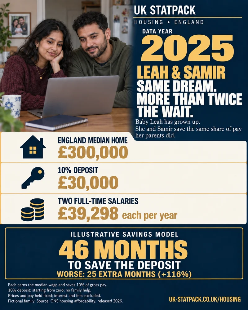 Grown-up Leah and partner Samir in their flat in 2025. The same savings model takes 46 months, 25 extra months (+116%).