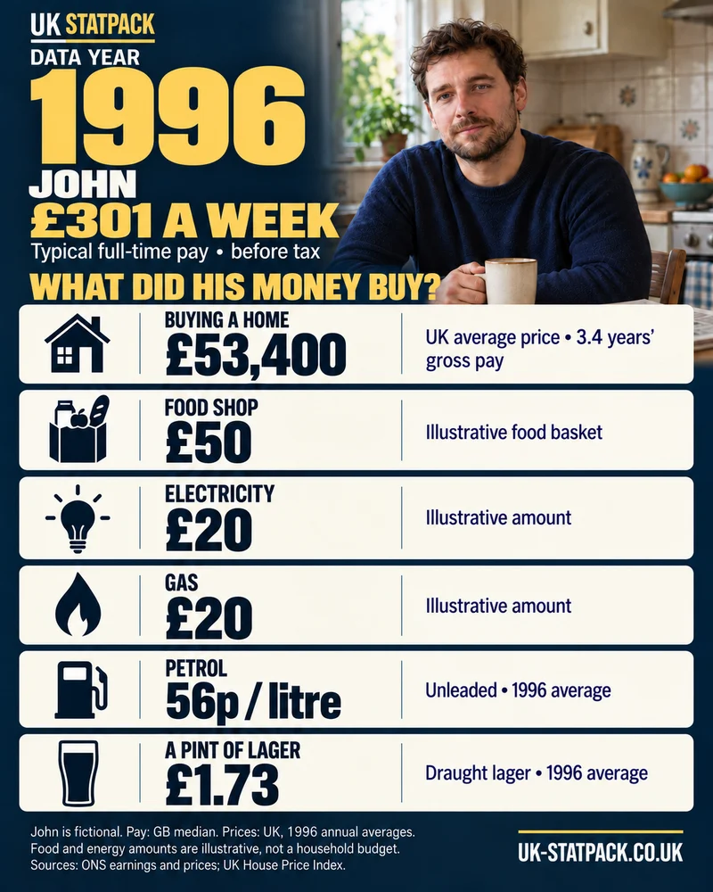 John in 1996, younger, in a tiled kitchen. Typical full-time gross pay £301 a week; prices and methods are transcribed below.