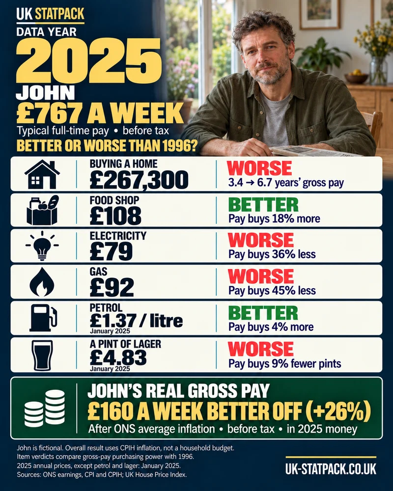 Older John in a different dining room in 2025. Typical gross pay £767; real gross purchasing power £160 a week higher (+26%), before tax.