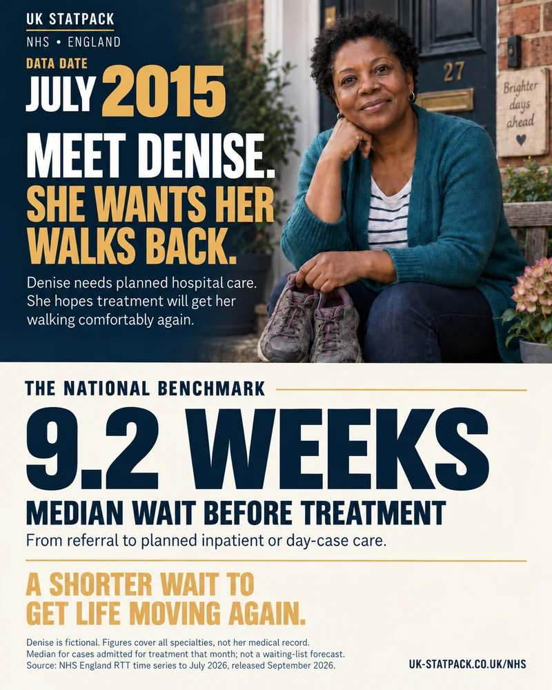 Denise in 2015 on a doorway bench with walking shoes. National median referral-to-treatment wait for admitted cases: 9.2 weeks.