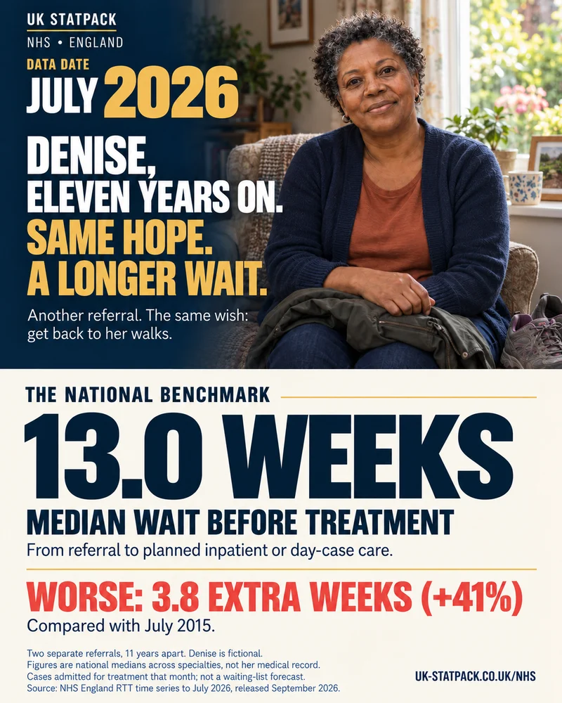 Older Denise in a different room with a walking jacket in 2026. Another referral; national admitted-case median 13.0 weeks, 3.8 weeks longer (+41%).