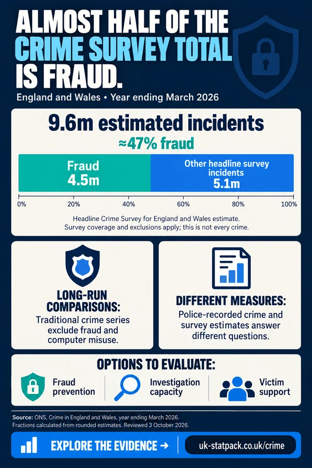 Crime infographic: fraud is about 47% of the Crime Survey headline total — 4.5 million of 9.6 million incidents, England and Wales, year ending March 2026.