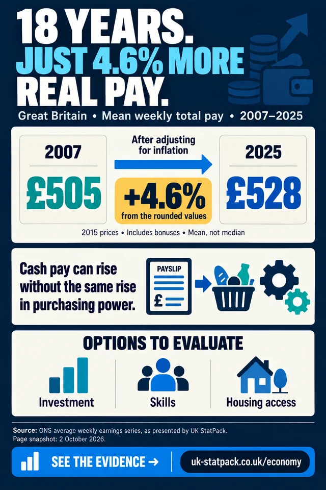 Economy infographic: real average weekly pay was £505 in 2007 and £528 in 2025 (2015 prices), about 4.6% higher after 18 years.