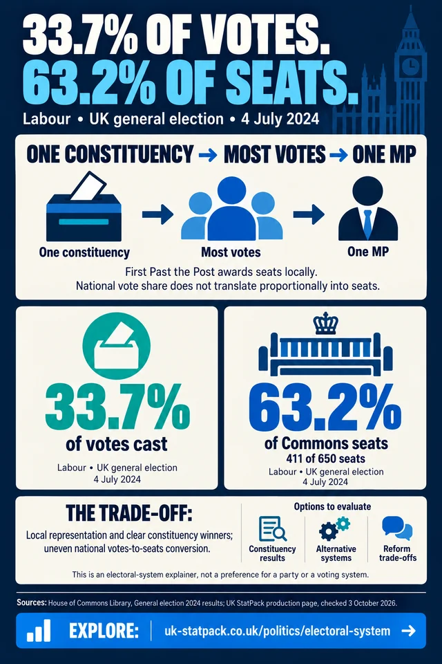 Electoral system infographic: Labour won 33.7% of votes and 411 of 650 seats (63.2%) at the 4 July 2024 general election.