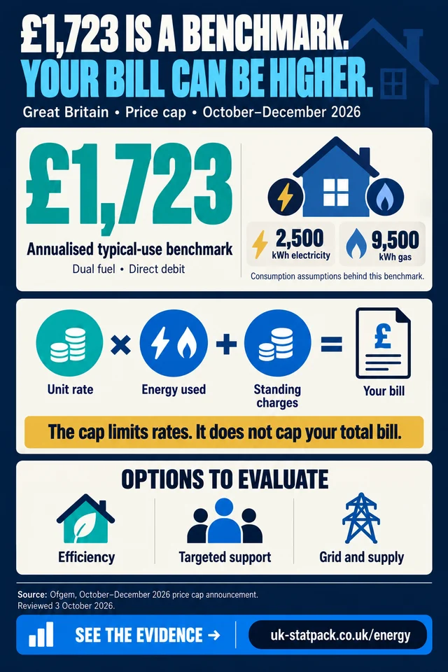 Energy infographic: £1,723 is Ofgem’s typical-use annual benchmark for October–December 2026 in Great Britain; it is not a maximum bill.