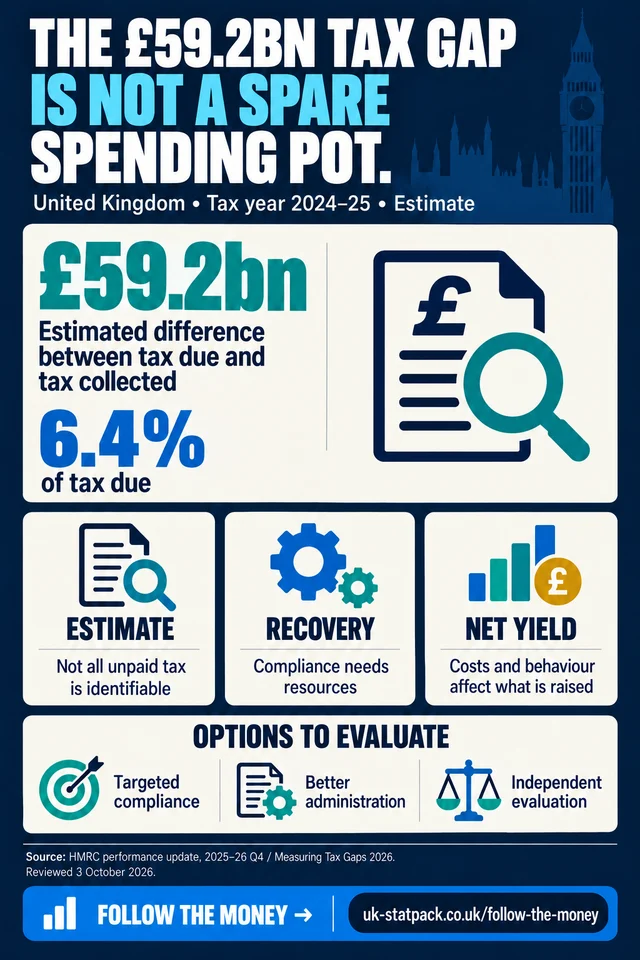 Follow the money infographic: HMRC estimates a £59.2bn UK tax gap in 2024–25, 6.4% of tax due — not a directly spendable pot.