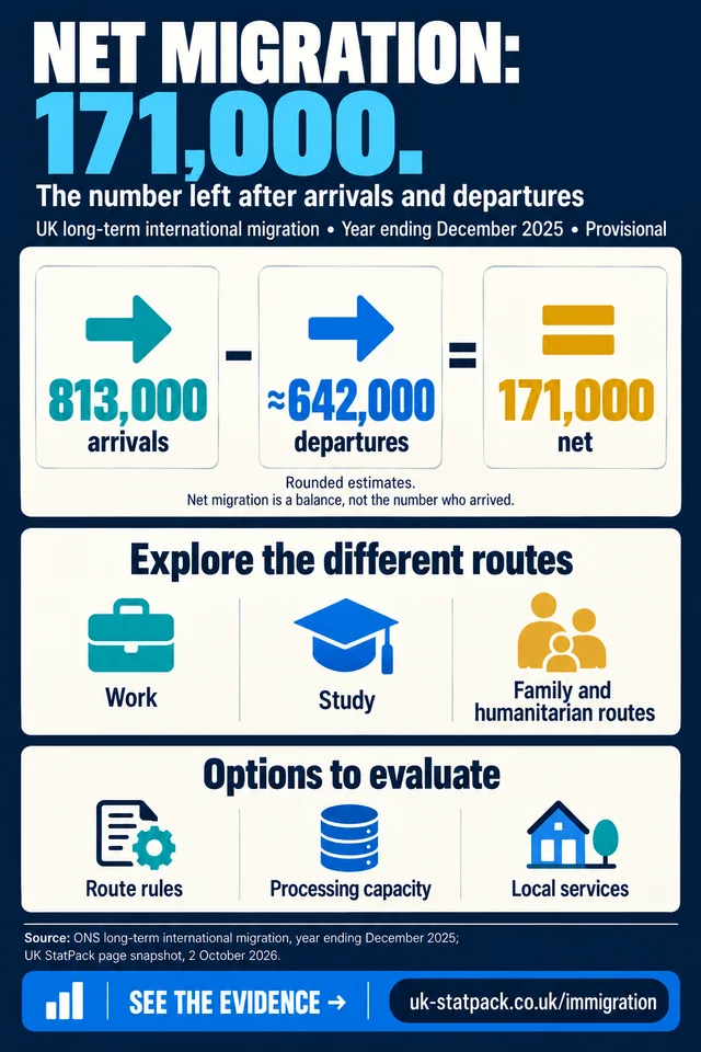 Immigration infographic: provisional net migration of 171,000 in the year ending December 2025 — 813,000 arrivals minus about 642,000 departures.
