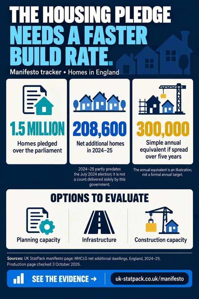 Manifesto infographic: the 1.5 million homes pledge implies about 300,000 a year; England added 208,600 net homes in 2024–25.