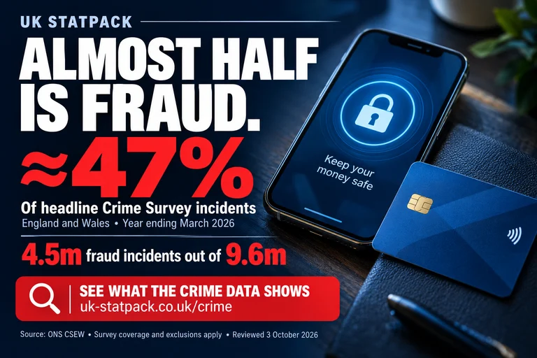 Crime social card. Fraud accounts for about 47% of the headline CSEW total: 4.5 million of 9.6 million incidents, England and Wales, year ending March 2026.