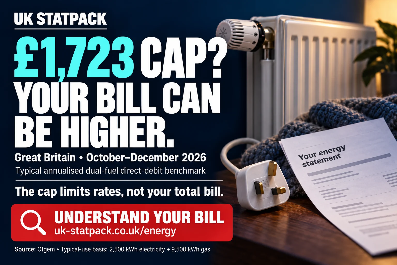 Energy social card. Ofgem’s annualised typical dual-fuel direct-debit cap benchmark was £1,723 in Great Britain for October–December 2026. It is not a maximum bill.